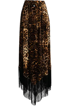 Roberto Cavalli Falda larga con estampado de leopardo y flecos