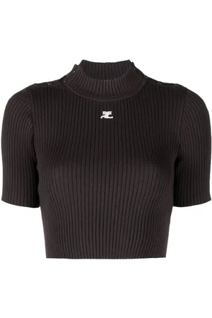 Courrèges Top tejido de canalé corto con logo bordado