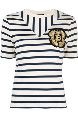 Balmain Playera tejida de canalé con parche del logo y motivo de rayas