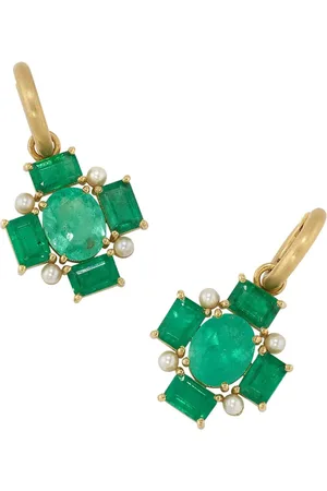 Irene Neuwirth Aretes huggie Gemmy Gem Mosaic en oro amarillo de 18kt con esmeralda y perla Akoya