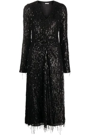 ROTATE Vestido midi bordado con lentejuelas con cuello en V