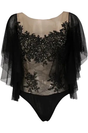 GEMY MAALOUF Top con encaje Chantilly y tul en las mangas