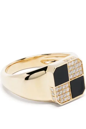 YVONNE LÉON Anillo de sello Mini Damier en oro amarillo de 9kt con ónix y diamante