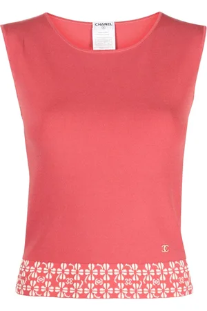 CHANEL Top sin mangas con motivo tréboles en jacquard y logo CC 2001