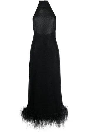 Oseree Vestido largo con cuello halter y ribete de plumas