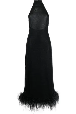 Oseree Vestido largo con cuello halter y ribete de plumas