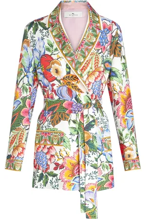 Etro Chamarra de seda con cinturón y estampado floral