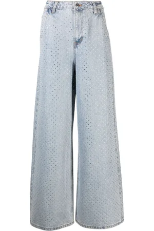 Self-Portrait Jeans anchos con tiro alto y detalles de strass