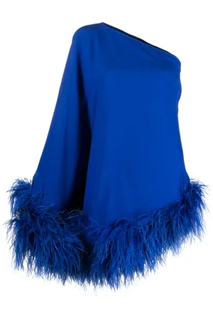 ‎Taller Marmo‎ Vestido corto con un hombro descubierto y ribete de plumas