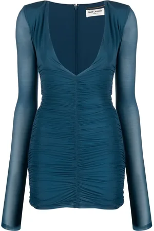 Saint Laurent Vestido corto con diseño fruncido y cuello en V