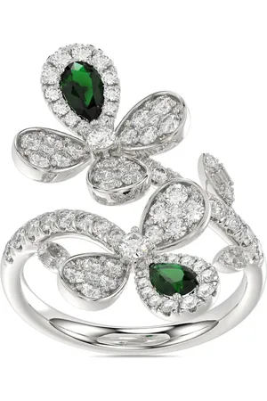 Marchesa Notte Anillo Floral en oro blanco de 18kt con diamante y esmeralda