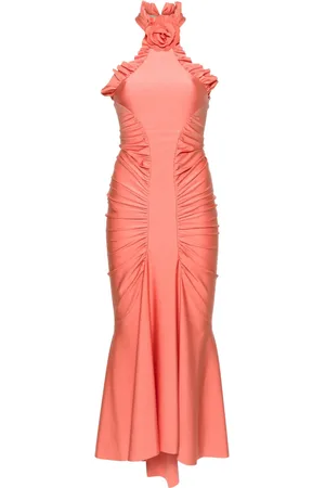 Serafini Vestido largo con cuello halter y volantes
