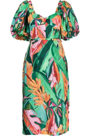 Farm Rio Vestido midi con mangas farol y estampado floral