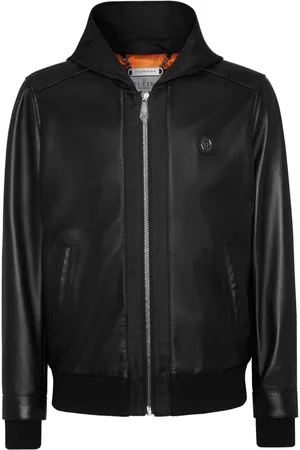 Leather and satin hooded bomber jacket
