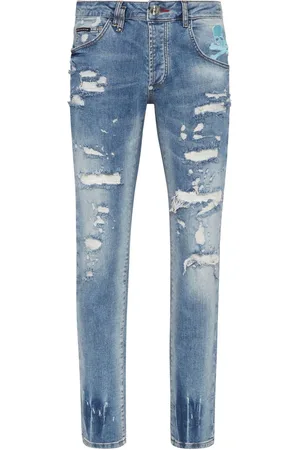 Skull-print distressed straight-leg jeans
