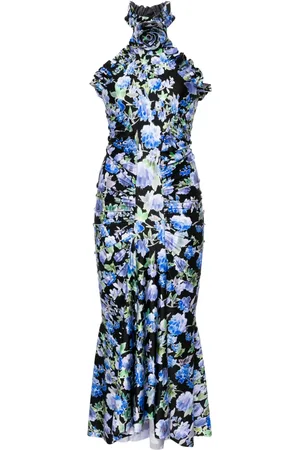 Serafini Vestido largo con cuello halter y estampado floral