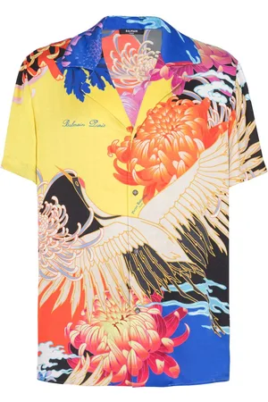 Balmain Camisa de satén con grulla estampada