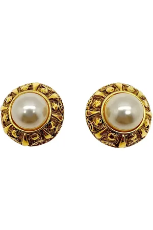 JENNIFER GIBSON JEWELLERY Vintage French Couture Etruscan galleried half pearl earrings 1980s
