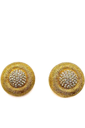 JENNIFER GIBSON JEWELLERY Vintage Etched Gold & Crystal Dome Earrings 1970s