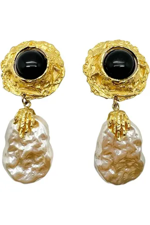 JENNIFER GIBSON JEWELLERY Vintage Craft Black Cabochon & Pearl Statement Earrings 1980s