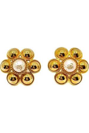 JENNIFER GIBSON JEWELLERY Vintage Statement Gold & Pearl Flower Earrings 1960s