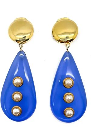 JENNIFER GIBSON JEWELLERY Vintage Vogue Bijoux Blue Teardrop & Pearl Earrings 1970s