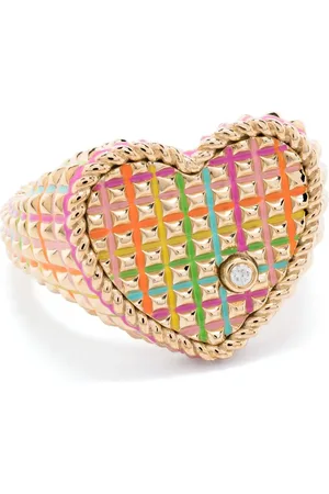 YVONNE LÉON Anillo de sello Chevalière Coeur Picotti Email en oro amarillo de 9kt con diamante