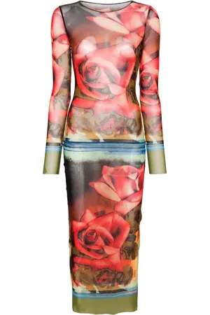 Jean Paul Gaultier Vestido midi de malla con rosas estampadas