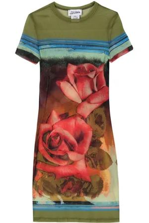 Jean Paul Gaultier Vestido corto de malla con estampado de rosa
