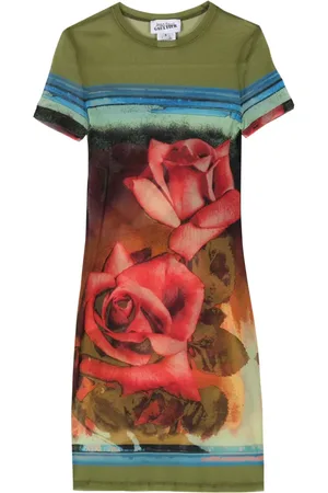 Jean Paul Gaultier Vestido corto de malla con estampado de rosa