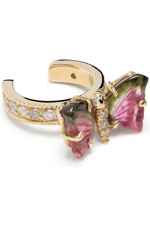 JACQUIE AICHE Arete ear-cuff Watermelon Butterfly en oro amarillo de 14kt con turmalina