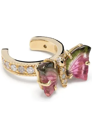 JACQUIE AICHE Arete ear-cuff Watermelon Butterfly en oro amarillo de 14kt con turmalina