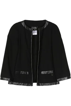 CHANEL Chamarra de tweed con ribete de cuero 2000