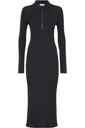 Brunello Cucinelli Vestido midi de canalé con detalle de cadena Monili