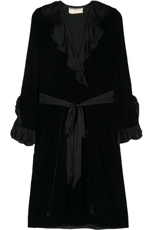 Saint Laurent Vestido midi de terciopelo con cinturón 1980