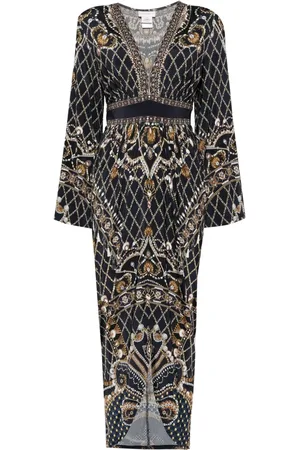 Camilla Vestido midi fruncido con cuello en V