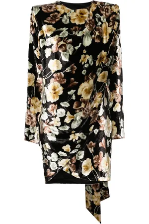 Saint Laurent Vestido de terciopelo cruzado con estampado floral