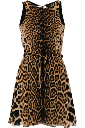 Saint Laurent Vestido corto de seda con estampado de leopardo