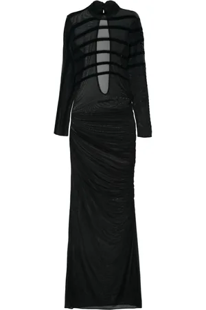 Jean Paul Gaultier Vestido largo de malla con rayas afelpadas