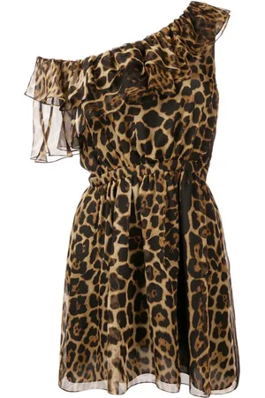 Saint Laurent Vestido con motivo de leopardo y hombro descubierto