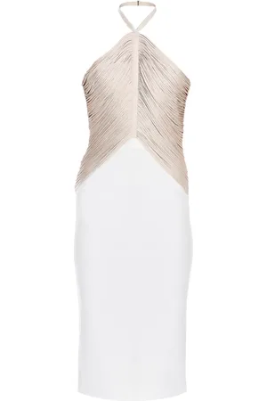 Hervé Léger Vestido midi con cuello halter y flecos