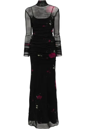 BLUMARINE Vestido largo de tul con rosas estampadas