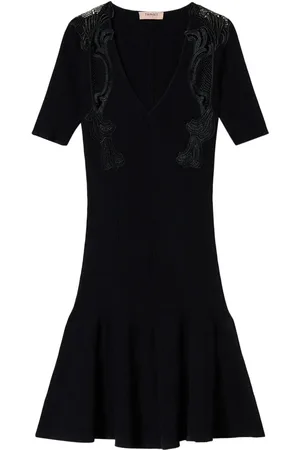Twin-Set Vestido corto tejido de canalé con detalle de encaje