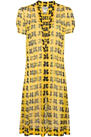CHANEL Vestido de seda manga corta con motivo floral 2002