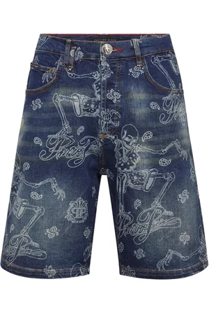 Philipp Plein Shorts de mezclilla con esqueleto estampado