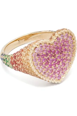 YVONNE LÉON Anillo de sello Heart Rainbow en oro amarillo de 9kt con diamantes