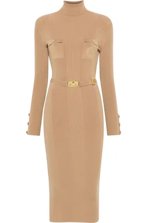 Elisabetta Franchi Vestido midi tejido de canalé con logo bordado