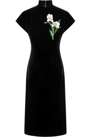 SHANGHAI TANG Vestido de terciopelo con aplique floral