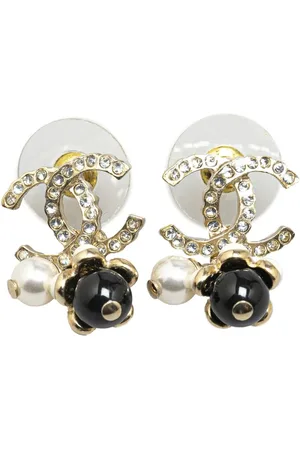 CHANEL Aretes 20th Century Gold Plated Rhinestones Pearl CC Drop Push Back