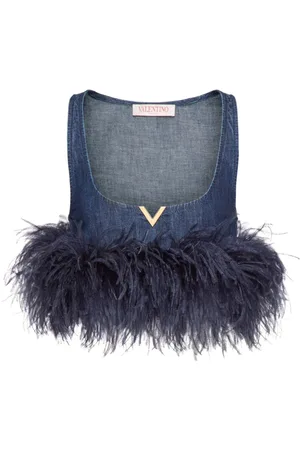 VALENTINO GARAVANI Top corto de mezclilla con ribete de plumas